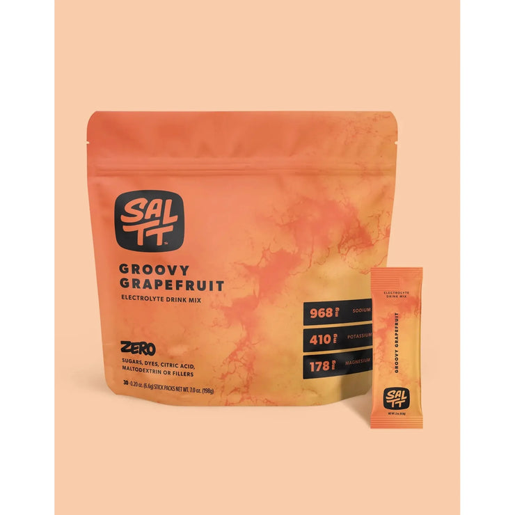 Sal+T Groovy Grapefruit electrolyte drink mix package on a peach background
