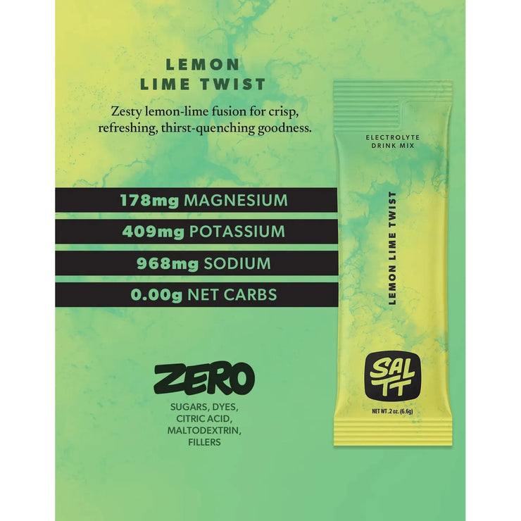 Lemon lime twist drink mix packet with nutritional information on a green background