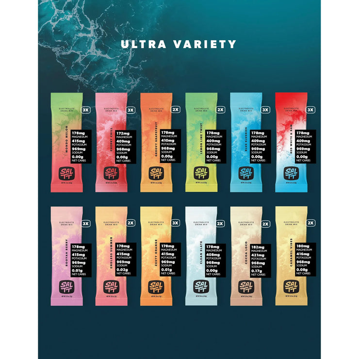 Assorted energy drink packets with visible branding on a gradient blue background