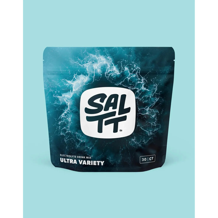 SAL TT electrolyte drink mix package on a light blue background
