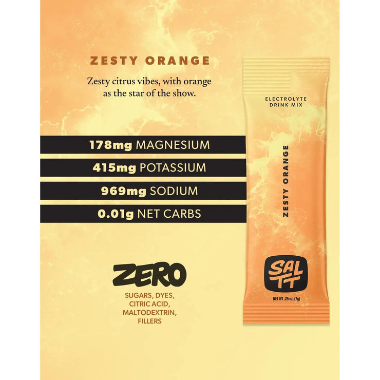 Zesty Orange electrolyte drink mix packet with nutritional information on a yellow background