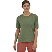 Patagonia Women's Short-Sleeved Merino Bike Jersey, camp green, front view on model.