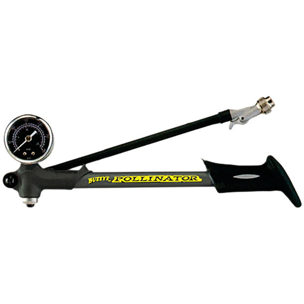 Buzzy's Pollinator Travel Shock Pump with Gauge and Lever: Black, full view.