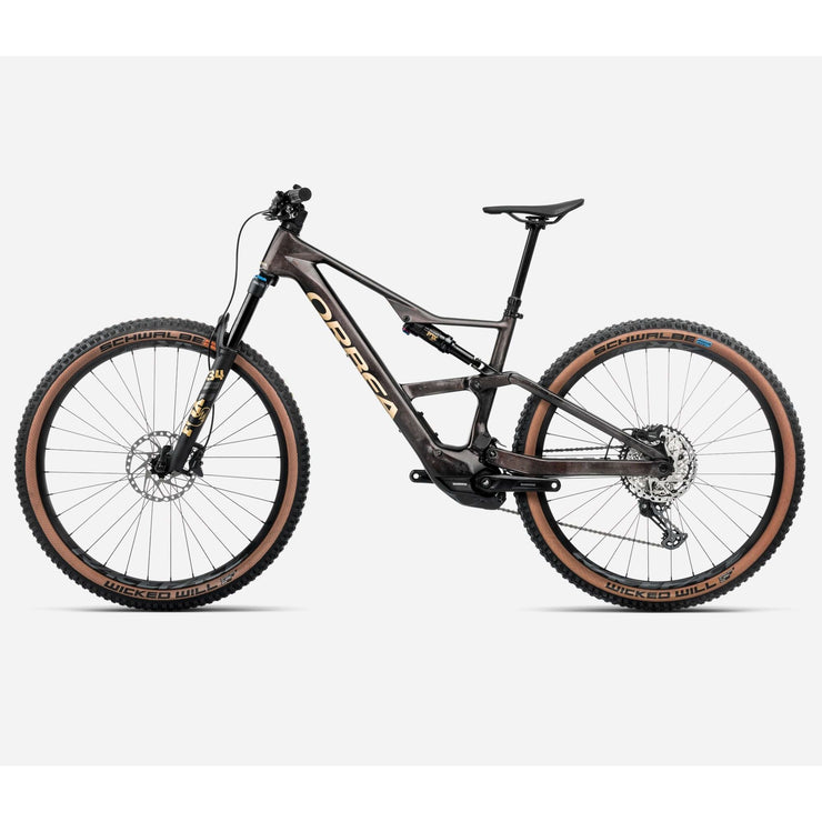 2025 Orbea Rise SL M20 630W 20mph, Cosmic Carbon View - Golden Sand (Gloss), non-drive side view.