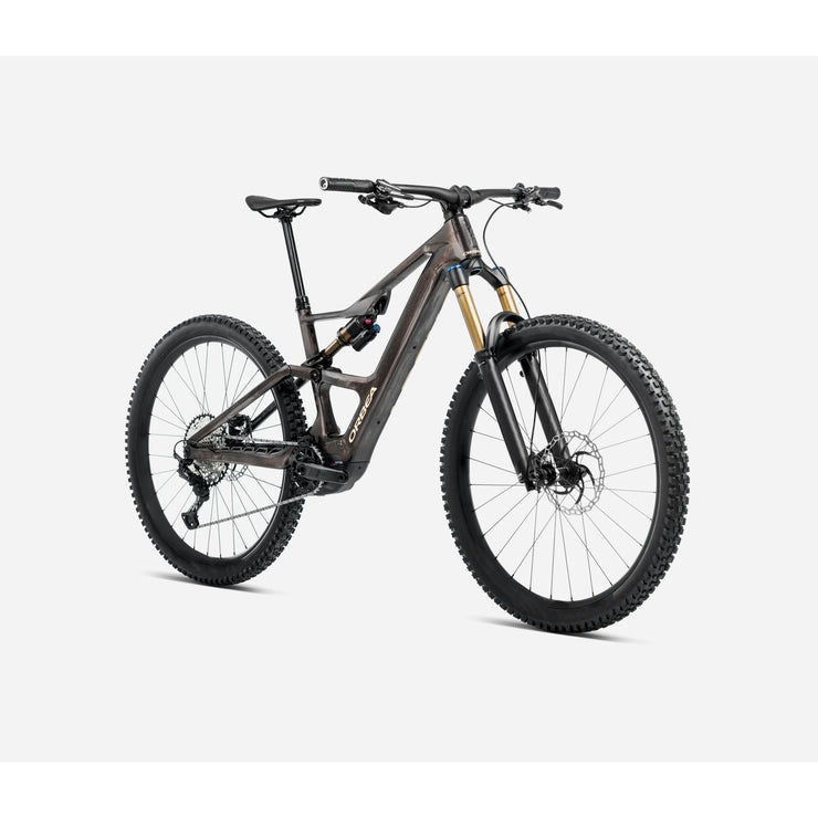 2025 Orbea Rise SL M20 630W 20mph, Cosmic Carbon View - Golden Sand (Gloss), fork view.