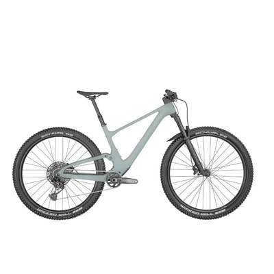 Light blue mountain bike on a white background