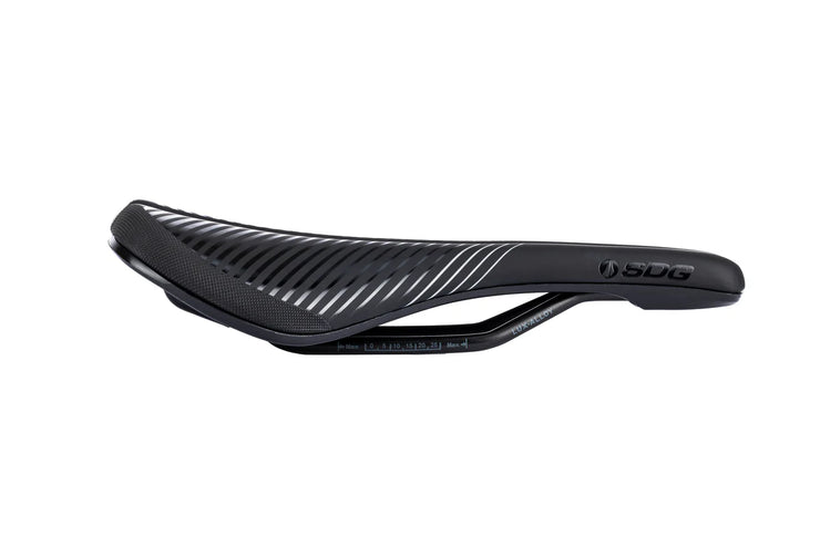 Black bicycle saddle with 'Sdg' branding on a white background