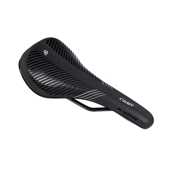 Black bicycle saddle with 'CAST' branding on a white background