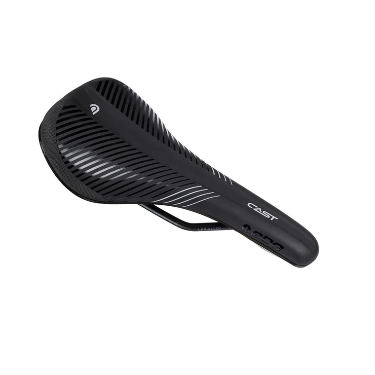Black bicycle saddle with 'CAST' branding on a white background