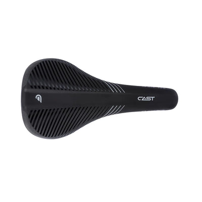 Black bicycle saddle with 'CAST' branding on a white background