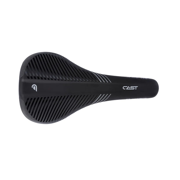 Black bicycle saddle with 'CAST' branding on a white background