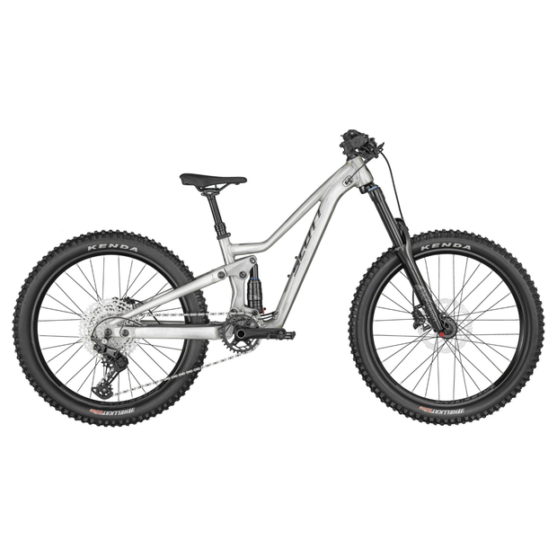 2024 Scott Ransom 400 24” Kid's Mountain Bike, silver, full view.