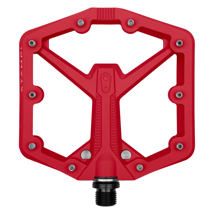 Crankbrothers Stamp 1 Gen 2 Pedal, red, full view.