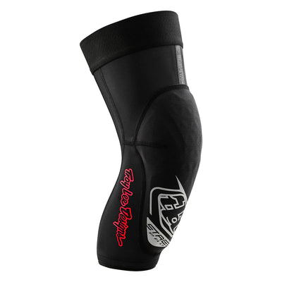 Black knee pad with red and white branding on a white background