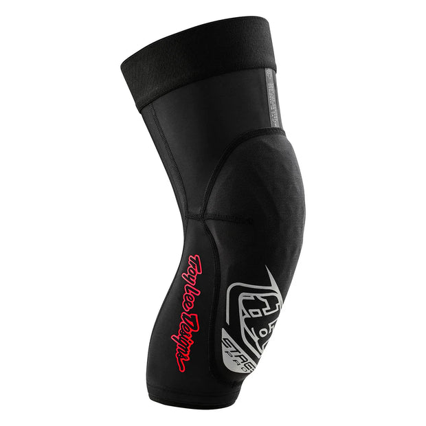 Black knee pad with red and white branding on a white background