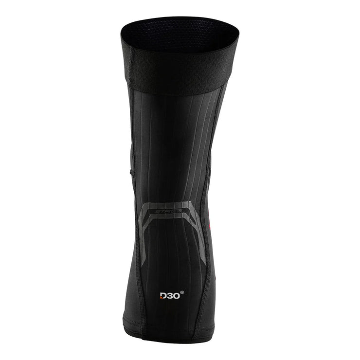 Black shin guard with D30 branding on a white background