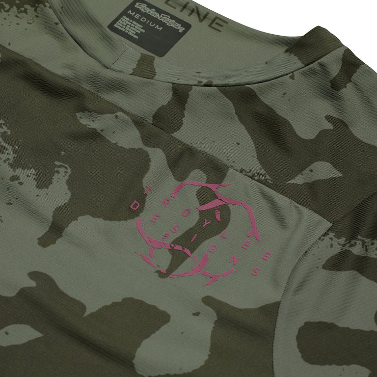 Troy Lee Designs Skyline SS Jersey, shadow camo olive, logo view.
