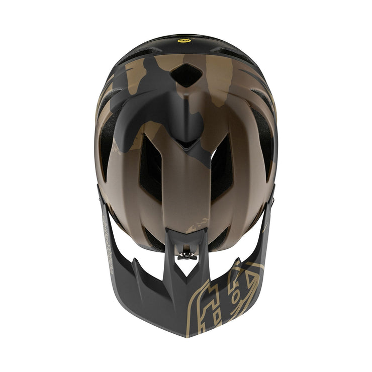 Troy Lee Designs Stage Full-Face Helmet, stealth camo olive, top view.