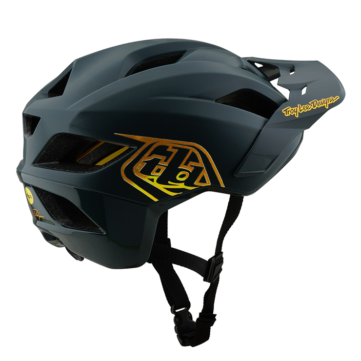 Troy Lee Designs Flowline Youth Helmet, grey/ gold, left side view.