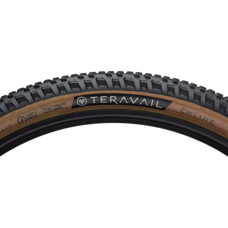 Teravail Ehline, Tubeless, Tan, Light & Supple 29 x 2.3 Mountain Bike Tire, sidewall view.