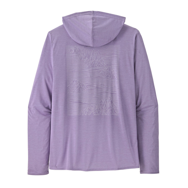 Patagonia Men's Capilene Cool Daily Graphic Hoody, Strataspire: Concrete Puple X-Dye, back view.