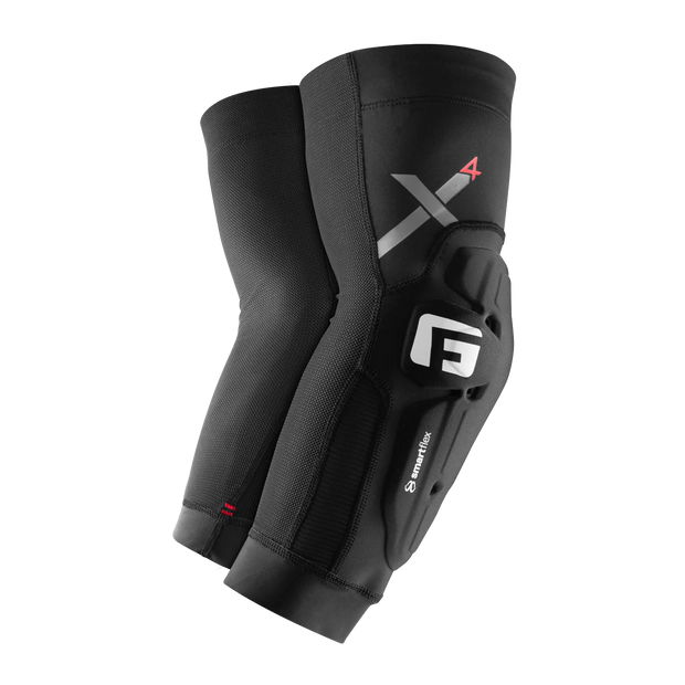 Black protective elbow pads with branding on a white background