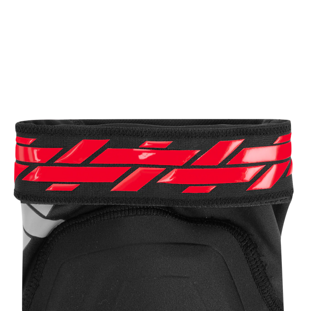 Black knee pad with red striped design on a white background
