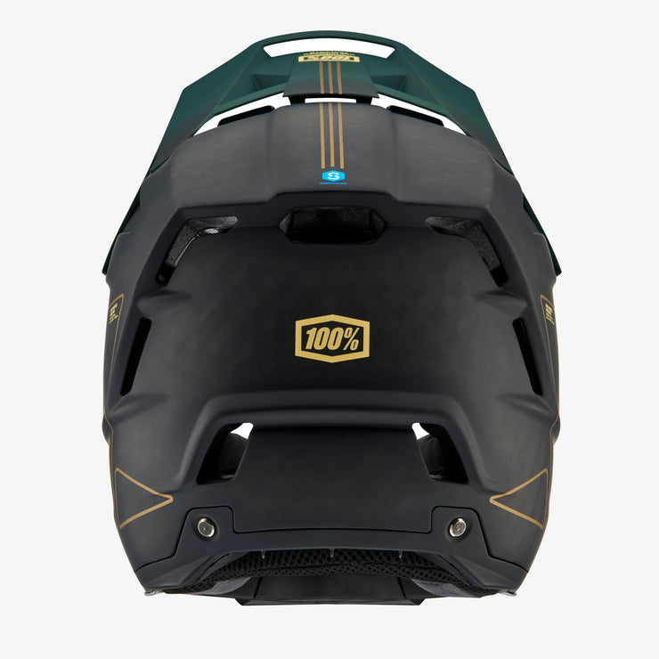 100% Aircraft 2 Full Face Helmet, green / gold, back view.