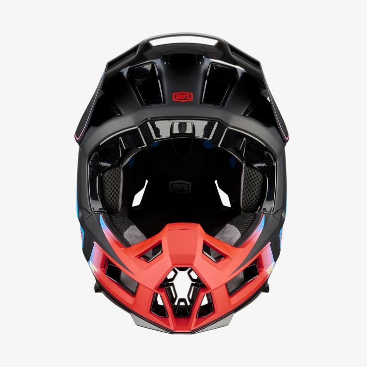 100% Aircraft 2 Full Face Helmet, black / blue / red, front view.