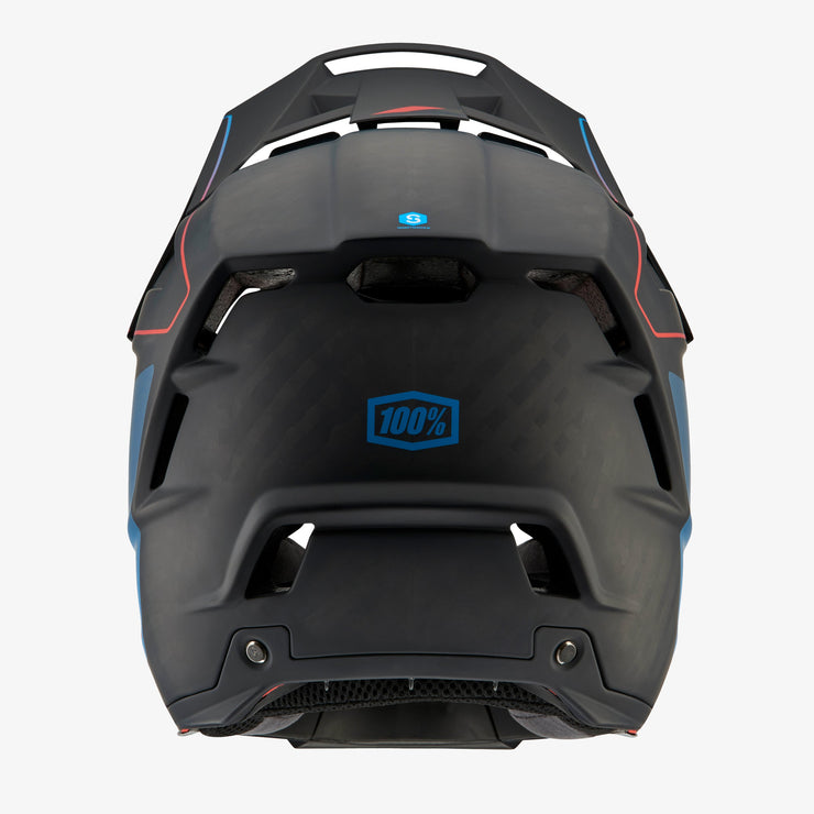 100% Aircraft 2 Full Face Helmet, black / blue / red, back view.