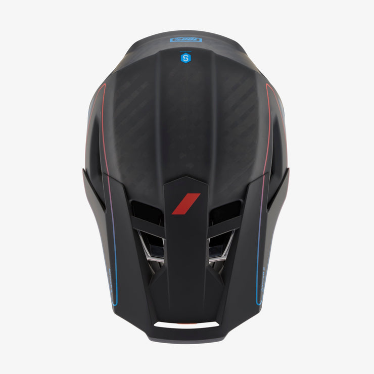 100% Aircraft 2 Full Face Helmet, black / blue / red, top view.