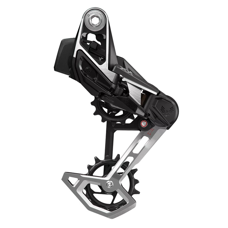 SRAM XX Eagle T-Type AXS Rear Derailleur, silver, full view.