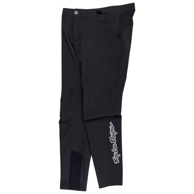 Black pants with a brand logo on a white background