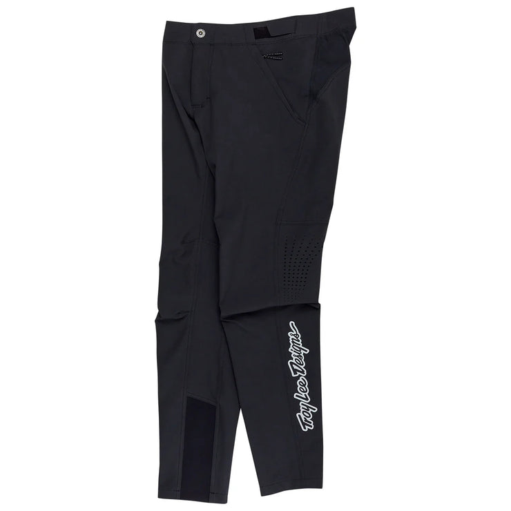 Black pants with a brand logo on a white background