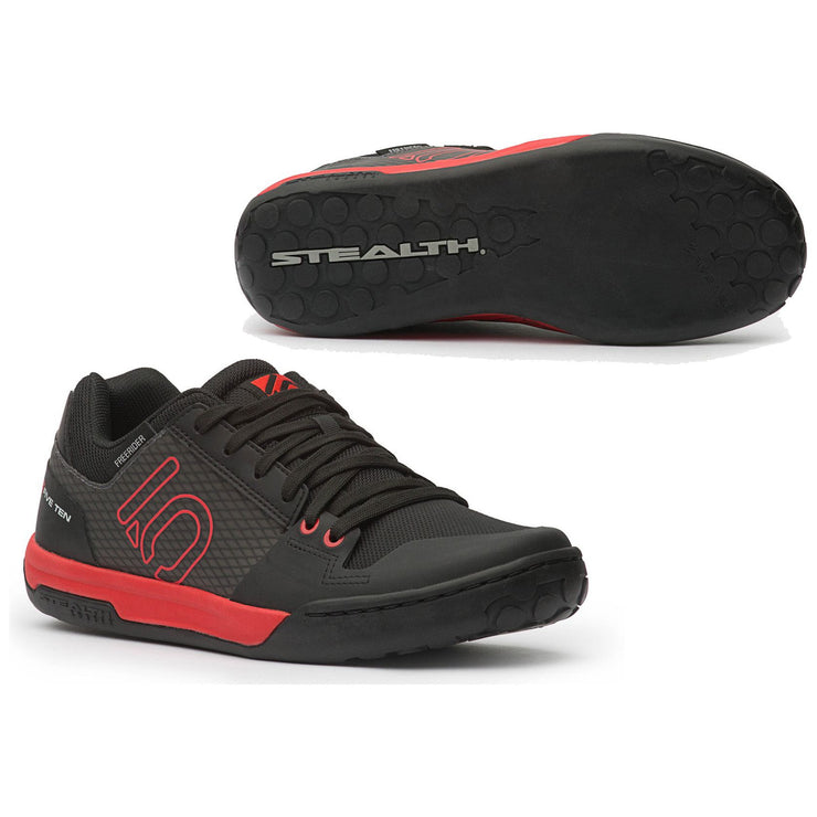 Five Ten Freerider Contact Flat Pedal Mountain Bike Shoes, black / red, full view.
