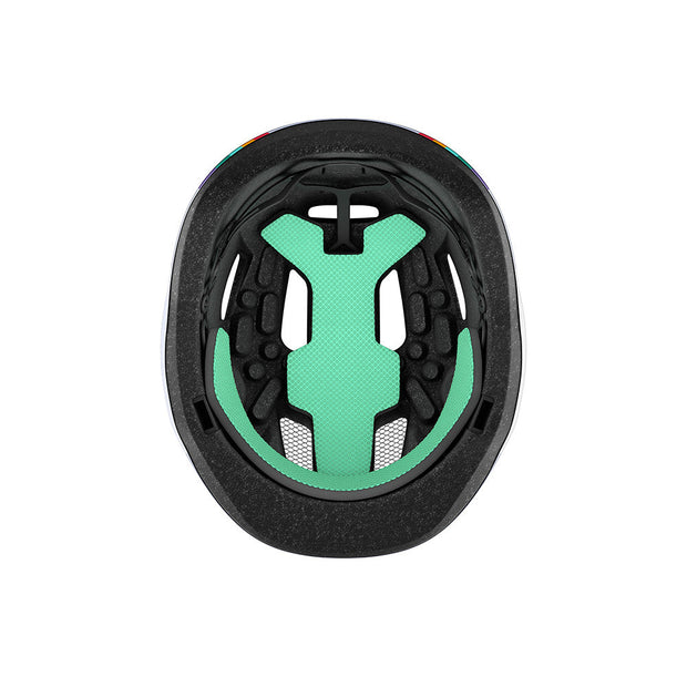 Lazer Pnut Kineticore Kids’ Helmet, rainbow, inside view.