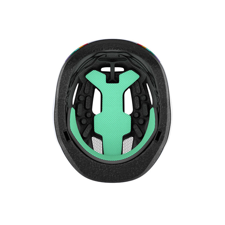 Lazer Pnut Kineticore Kids’ Helmet, rainbow, inside view.