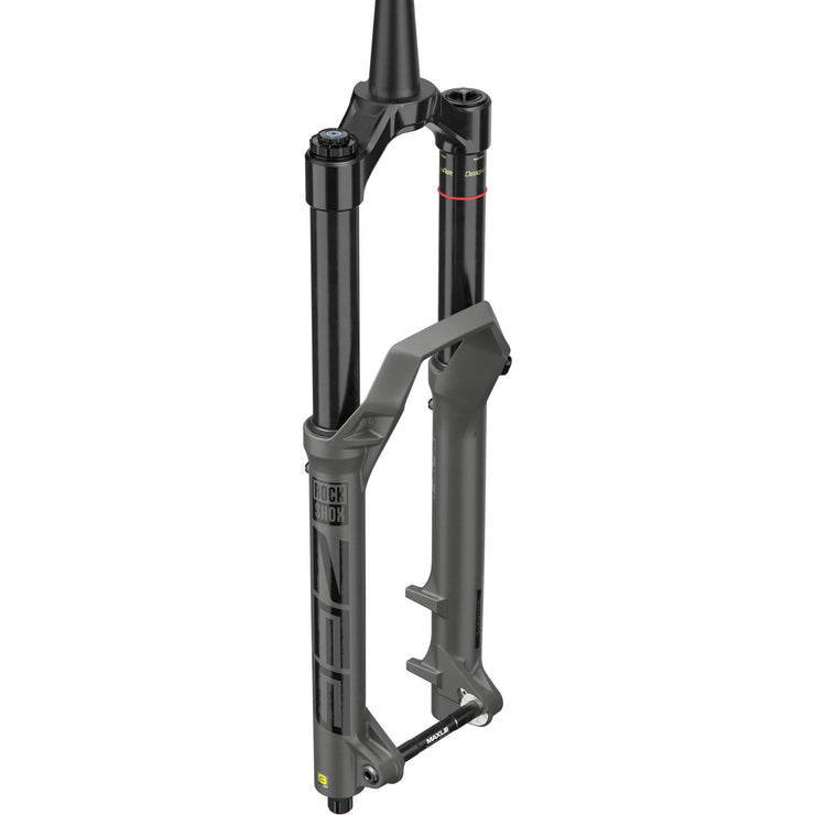 RockShox ZEB Ultimate 29" 180mm, 44mm Offset, 15mm thru x 110mm Fork, grey, full view.