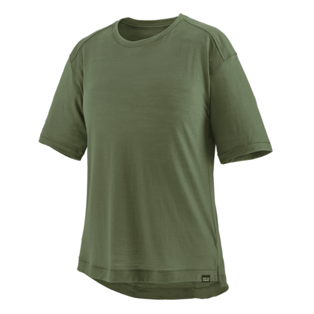 Patagonia Women's Short-Sleeved Merino Bike Jersey, camp green, full view.