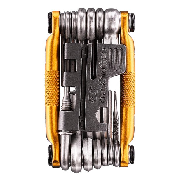 Crankbrothers M20 Multi Tool, gold, open view.