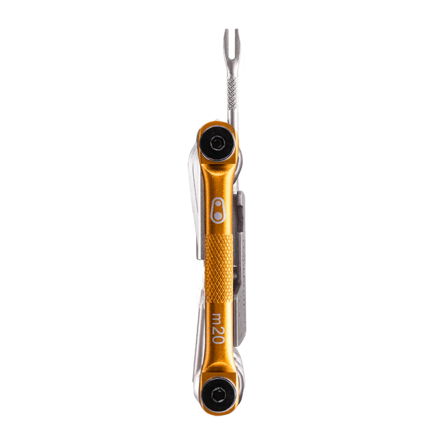 Crankbrothers M20 Multi Tool, gold, side view.