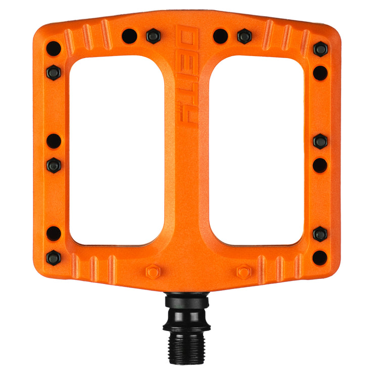 Deity Deftrap Pedals, Orange, full view.