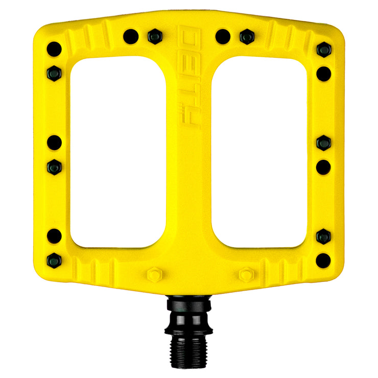 Deity Deftrap Pedals, Yellow, full view.