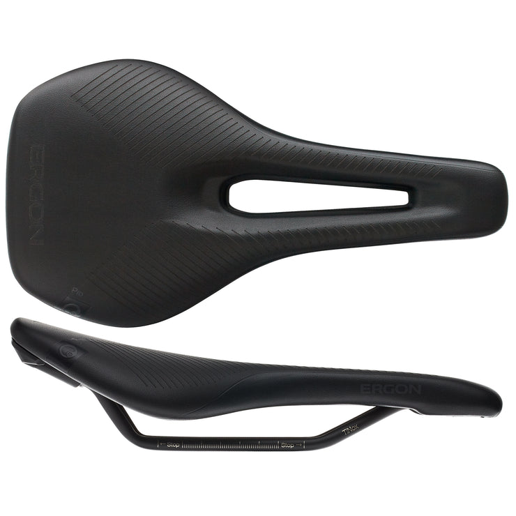 Ergon SR Pro Saddle - TiNox Black Womens Small/Medium, top and side view