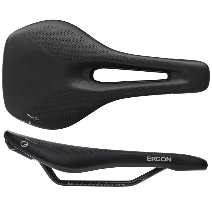 Ergon SR Sport Gel Saddle - Chromoly Black Womens Small/Medium, top and side view