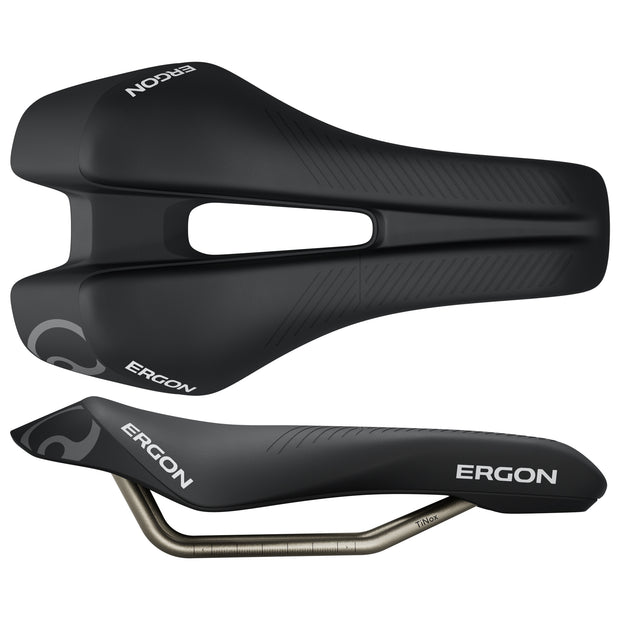Ergon SR Triathlon Saddle - Mens Black Front, top and side views