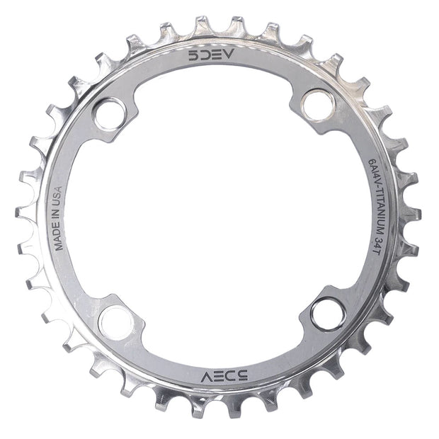 5Dev 104 BCD Titanium Chainring, full view.