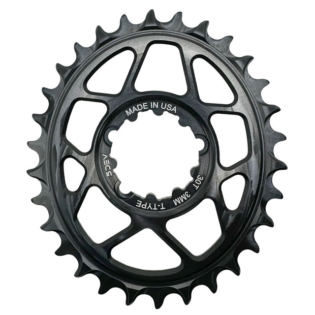 5Dev T-Type Oval 3-Bolt Chainring 3mm Offset 30T Black, full view.