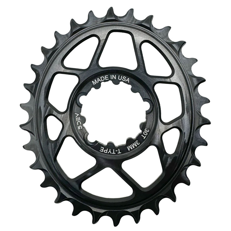 5Dev T-Type Oval 3-Bolt Chainring 3mm Offset 30T Black, full view.