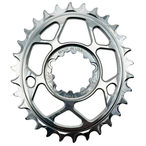 5Dev T-Type Oval 3-Bolt Chainring 3mm Offset 32t Silver, full view.
